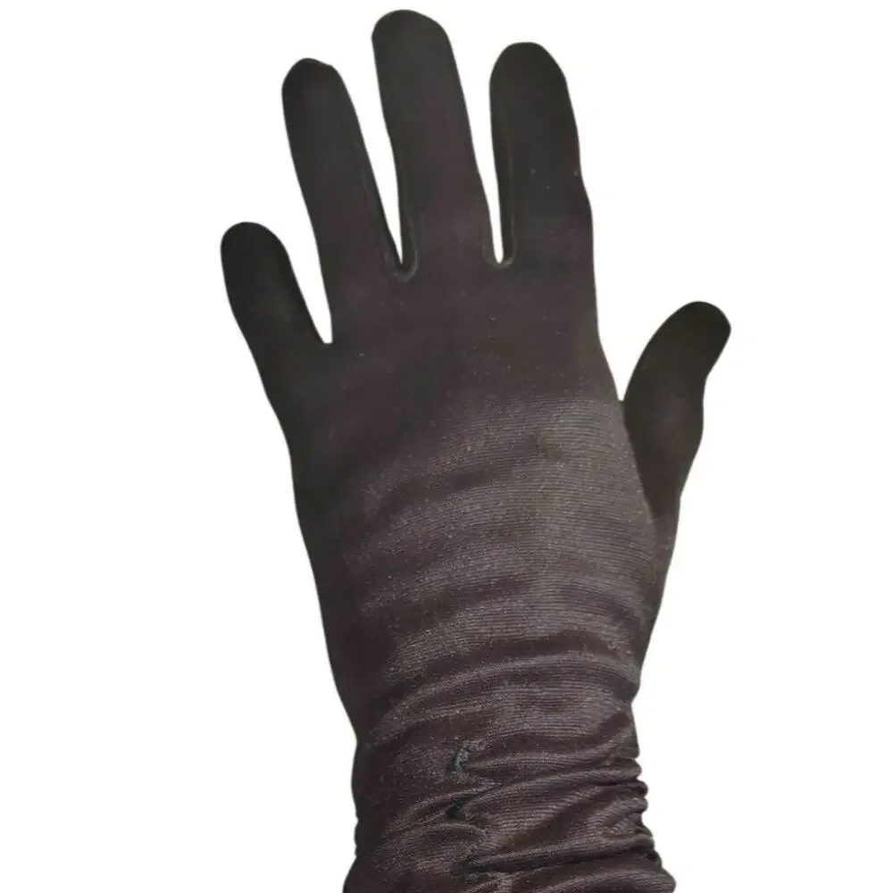 50s Brown Ruched Mid-Length Bracelet-Length Evening Gloves Stretch Nylon Size S